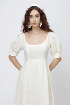 Square Neck Puff Sleeve Linen Midi Dress in Premium European Linen