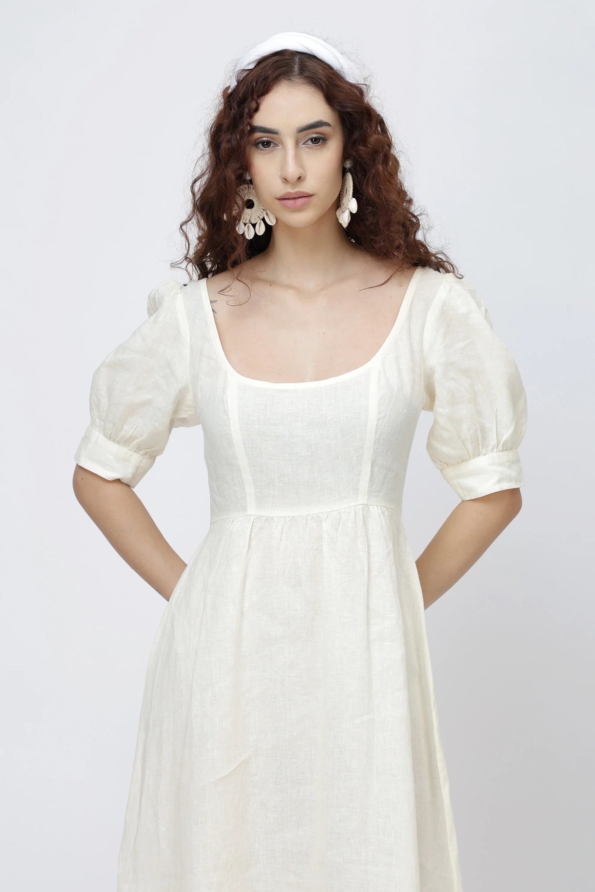 Square Neck Puff Sleeve Linen Midi Dress in Premium European Linen