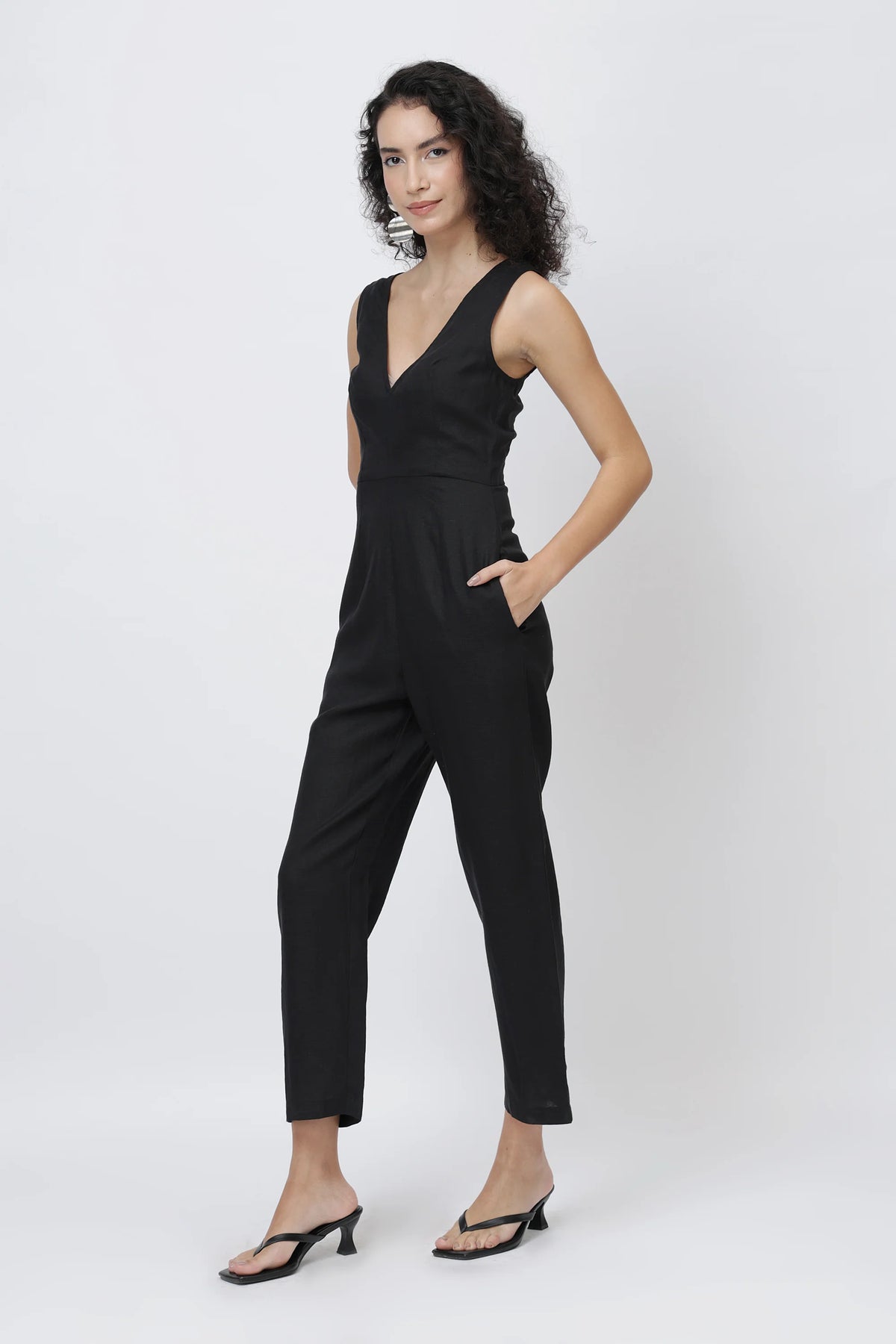 The Sculpted V Neck Linen Jumpsuit Pure European Linen