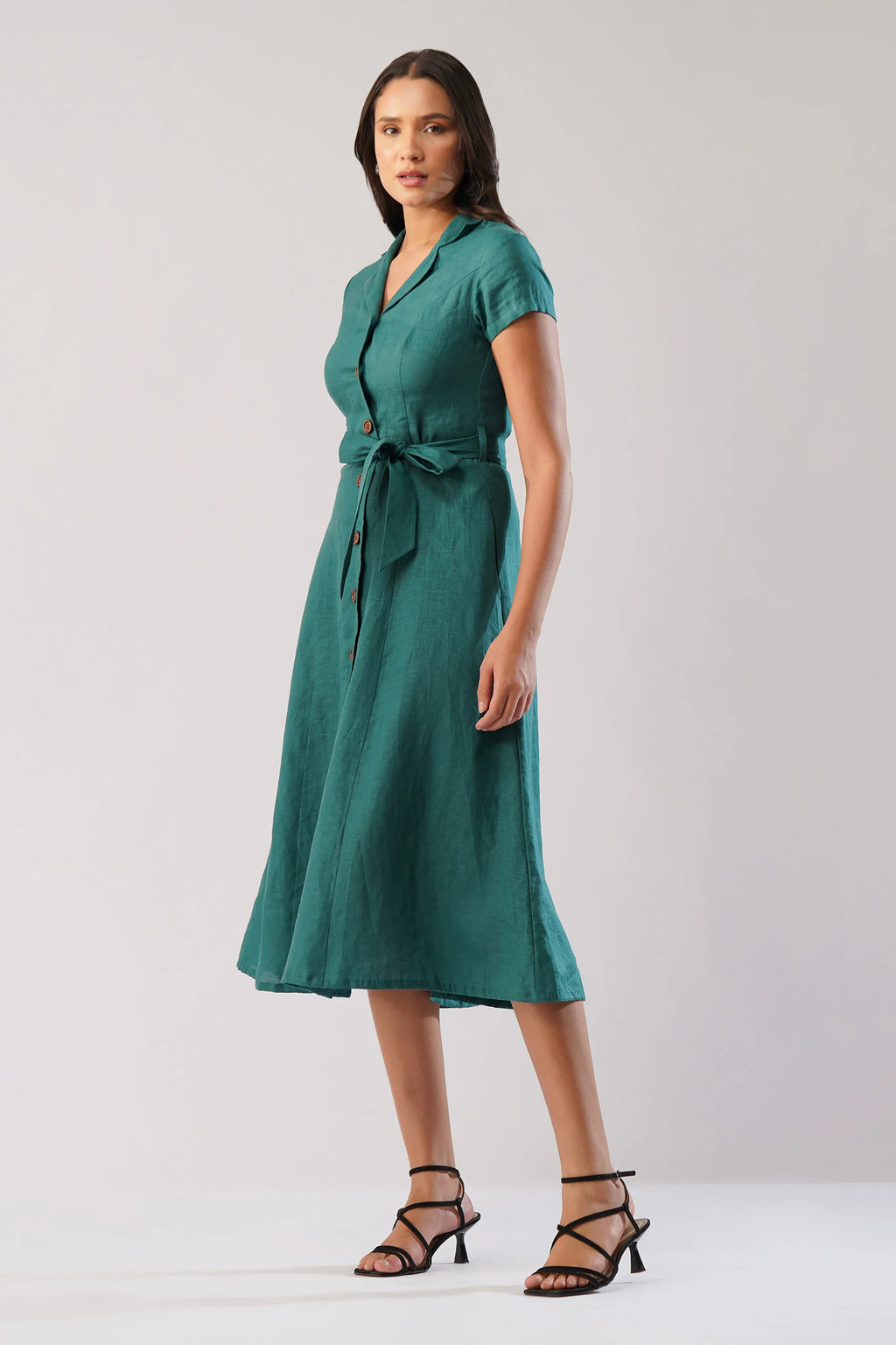 Tailored European Linen Midi Shirt Dress with Tie Waist