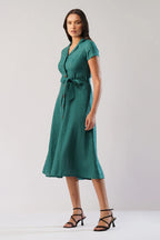 Tailored European Linen Midi Shirt Dress with Tie Waist