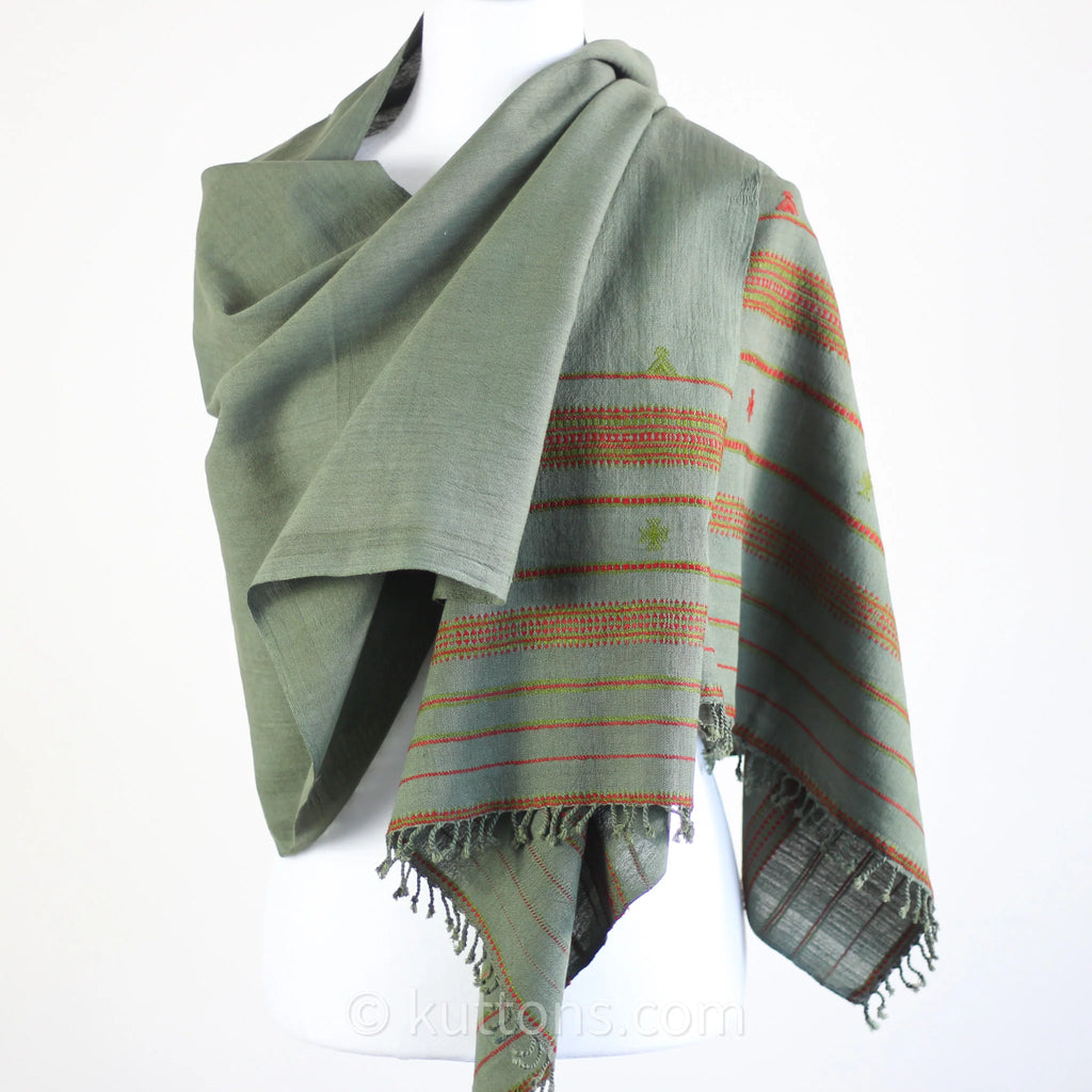 Organic Kala Cotton Scarf Handwoven Stole with Tassels Green 22x76