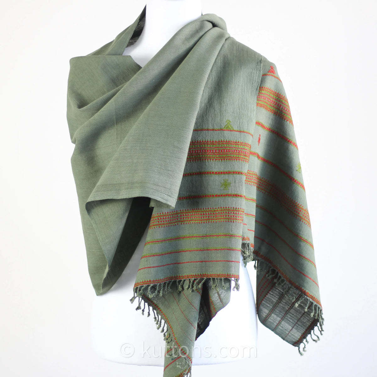 Organic Kala Cotton Scarf Handwoven Stole with Tassels Green 22x76