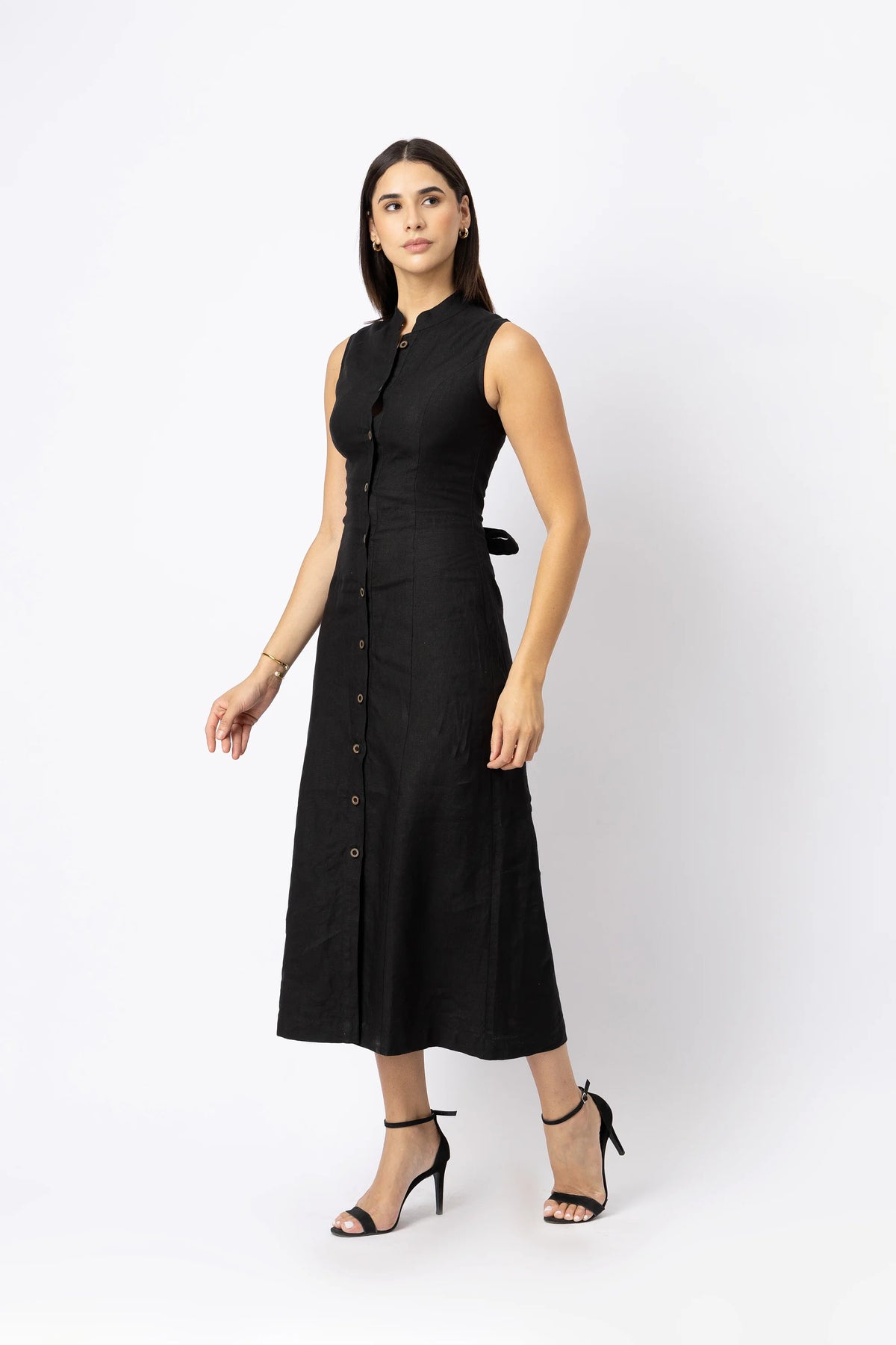 Linen Button Front Midi Dress with Tie Back