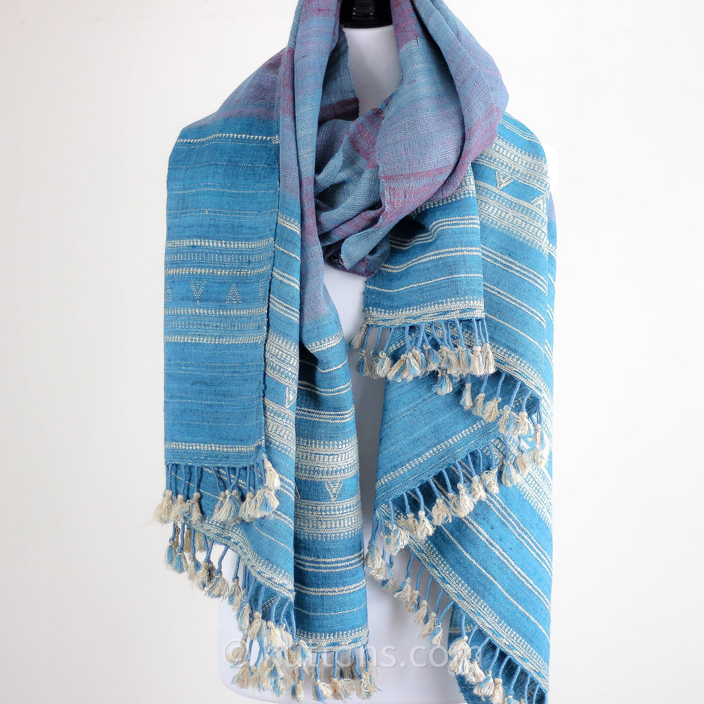 Handspun Handwoven Tussar Silk Merino Wool Shawl Wrap Blue Golden Brown 37x83