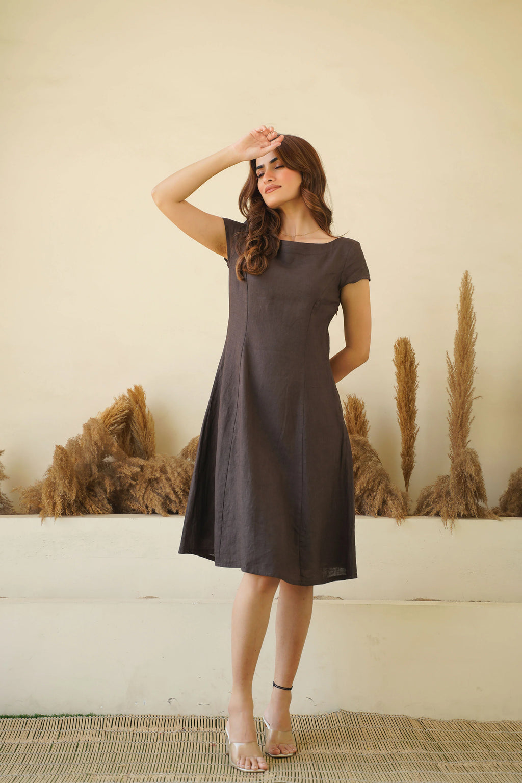 Brown Bliss Linen Dress with Cap Sleeves Boat Neck Princess Seams Short Linen Tunic Dress