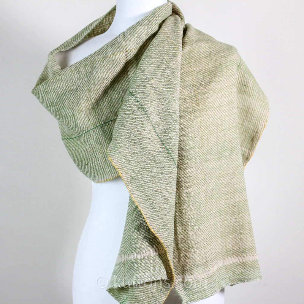 Himalayan Merino Wool Scarf Handspun Handwoven and Naturally Dyed in the Himalayas with Indigo Tesu Flowers Green 13x76