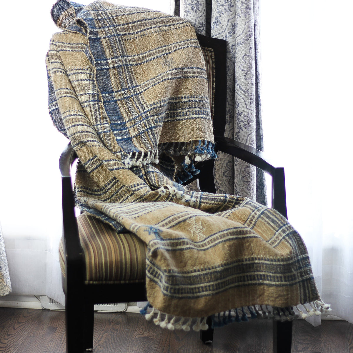 Ethnic Handspun Handwoven Wool Throw cum Blanket Beautiful Tassels Khaki 40x89