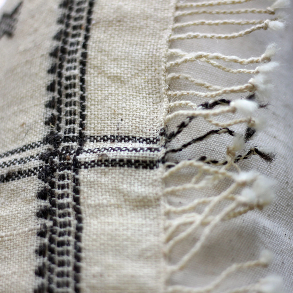 Handwoven Organic Wool Cotton Cushion Cover with Tassels Throw Pillow Cream Brown