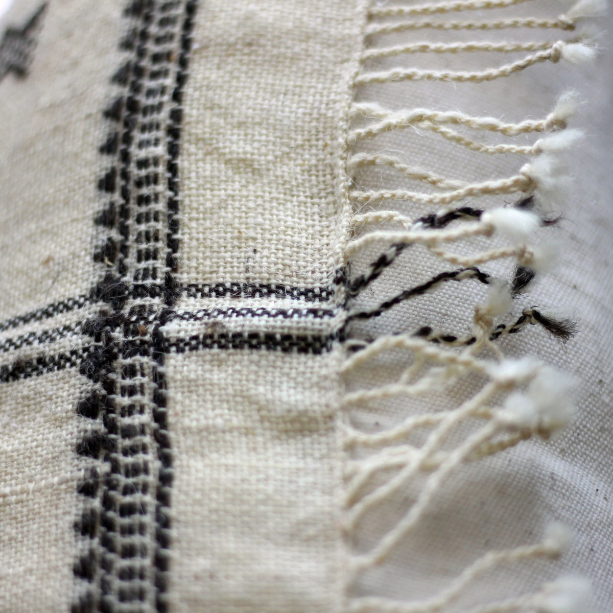 Handwoven Organic Wool Cotton Cushion Cover with Tassels Throw Pillow Cream Brown