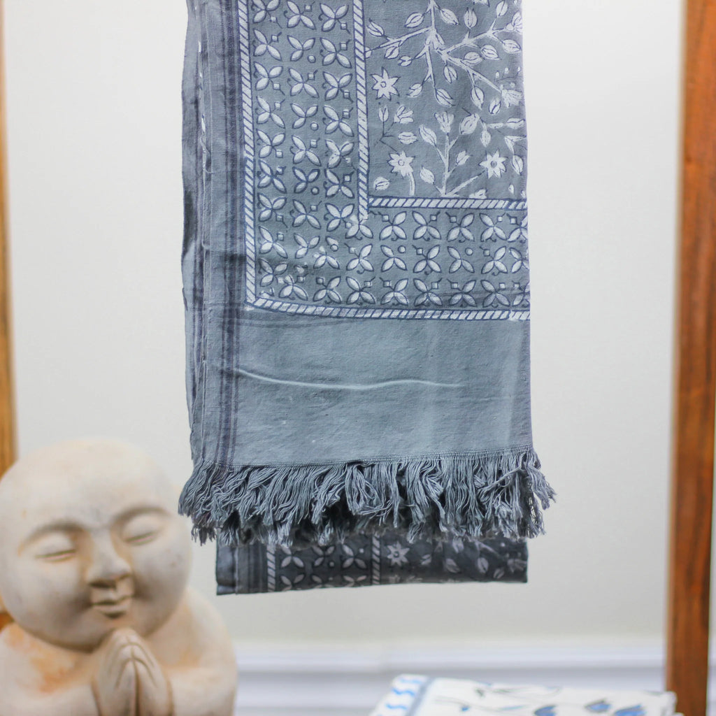 Naturally Dyed Handwoven Hand Block Printed Decorative Cotton Towel Gray 28x62
