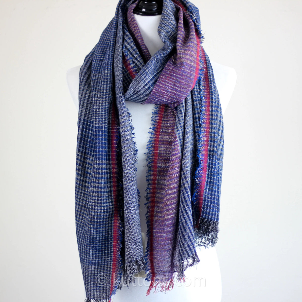 Ethically Crafted Cotton Scarf Hand Spun Hand Woven Artistry with Azo Free Vat Dyes Blue Maroon 25x78