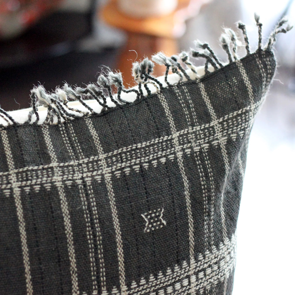 Bhujodi 100 Wool Organic Cotton Pillow Cover Rustic Handwoven Cushion with Tassels Dark Gray Pair