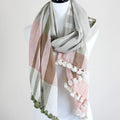 Naturally Dyed Organic Cotton Scarf with Tassels Handspun Handwoven Light Airy Stole White Pink 26x78