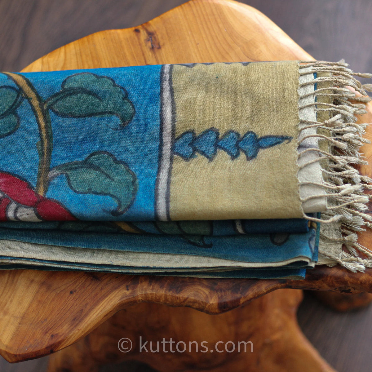 Ethnic Kalamkari Hand Painted Cotton Scarf Natural Colours Floral Blue 21x75