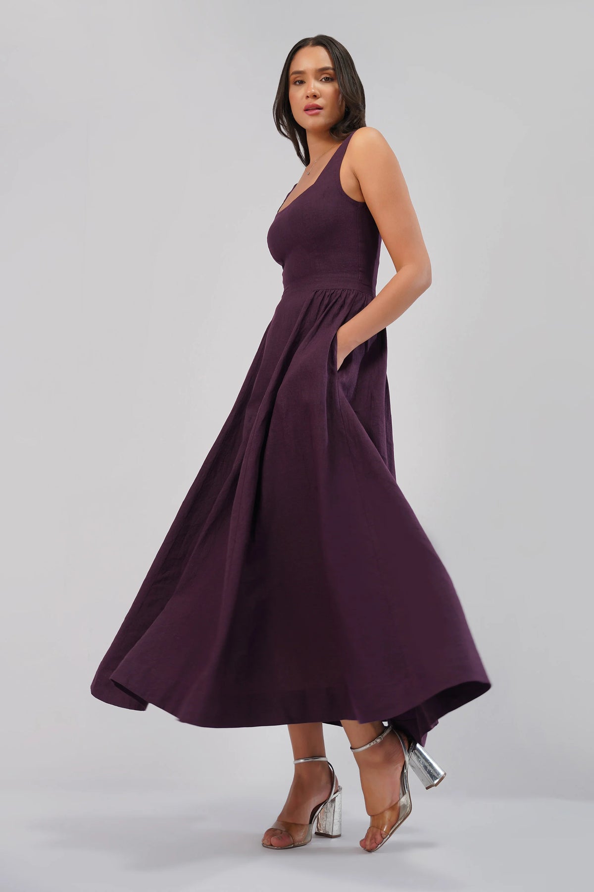 The Celeste Linen Occasion Dress Square Neck Sleeveless Full Length Linen Dress Open Scoop Back
