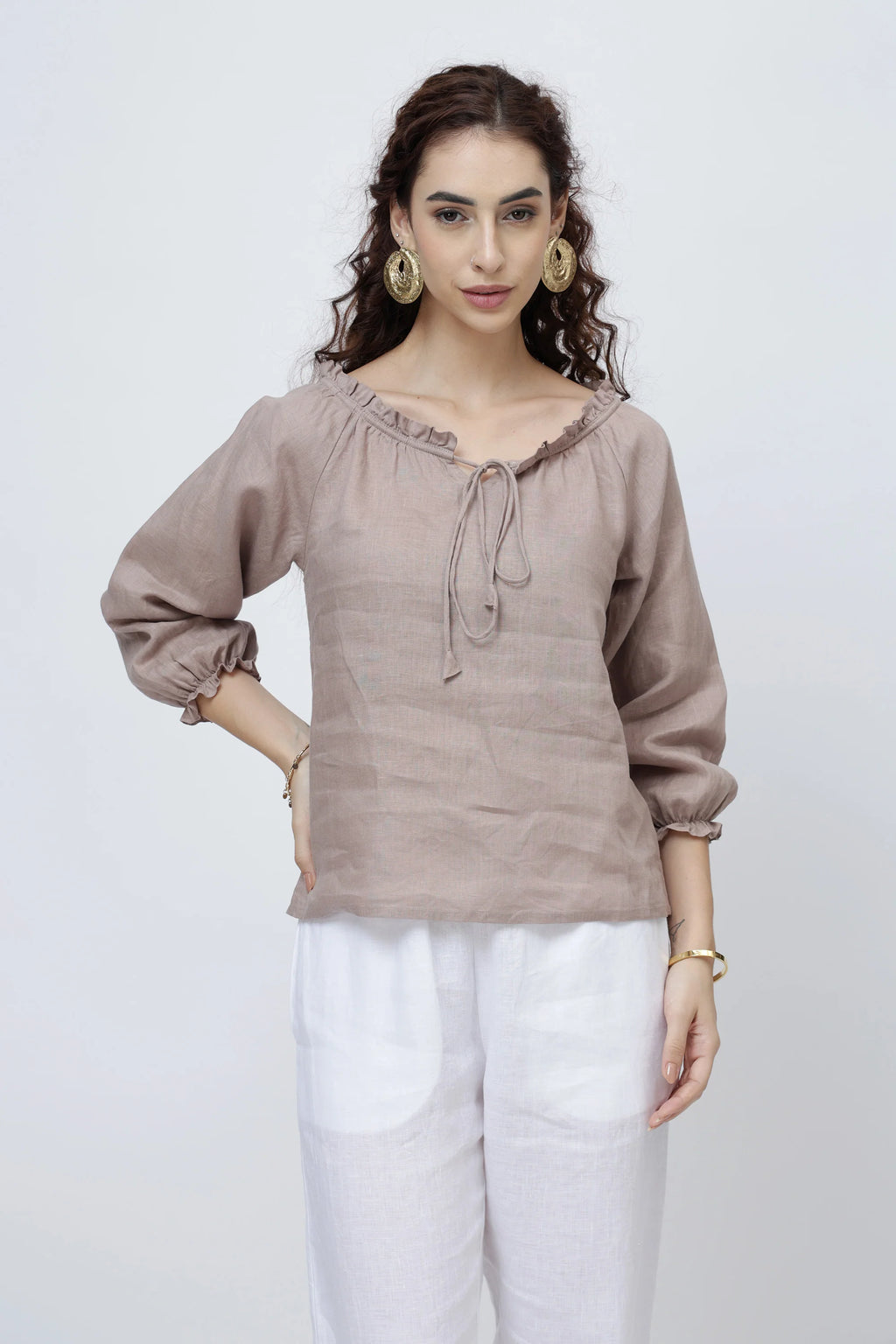 Signature Linen Tie Neck Top Soft Ruffle Collar Sleeves