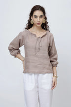 Signature Linen Tie Neck Top Soft Ruffle Collar Sleeves