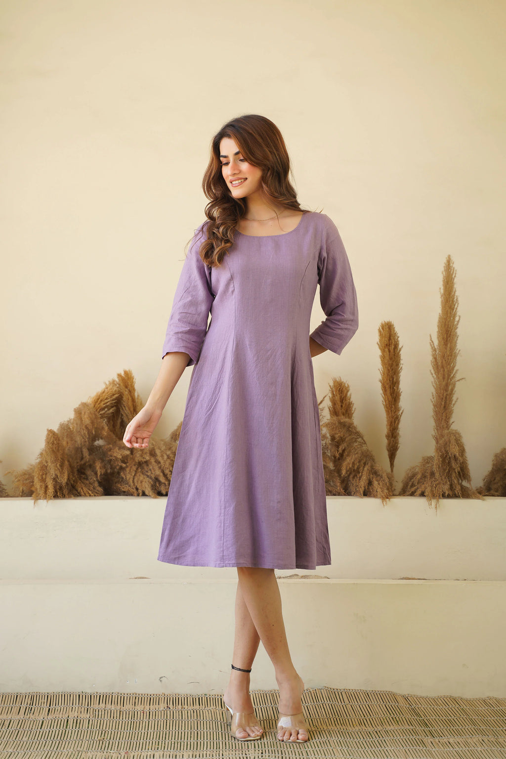 Lilac women linen dress Round neck linen tunic with princess seams long sleeve Zipper lining
