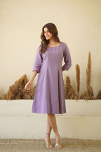 Lilac women linen dress Round neck linen tunic with princess seams long sleeve Zipper lining