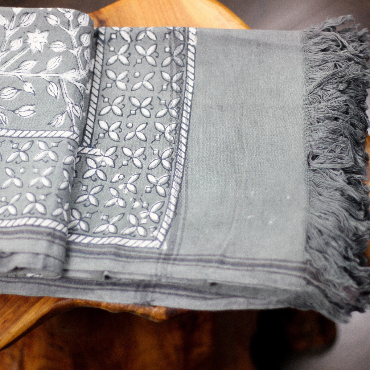 Naturally Dyed Handwoven Hand Block Printed Decorative Cotton Towel Gray 28x62