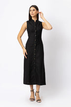 Linen Button Front Midi Dress with Tie Back