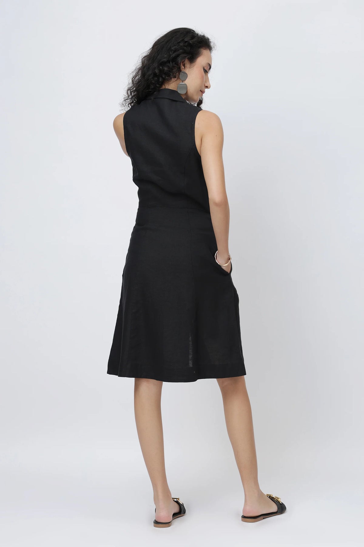 The Noir Tailored Linen Dress Sleeveless V Neck Button Front A Line Dress in Premium European Linen