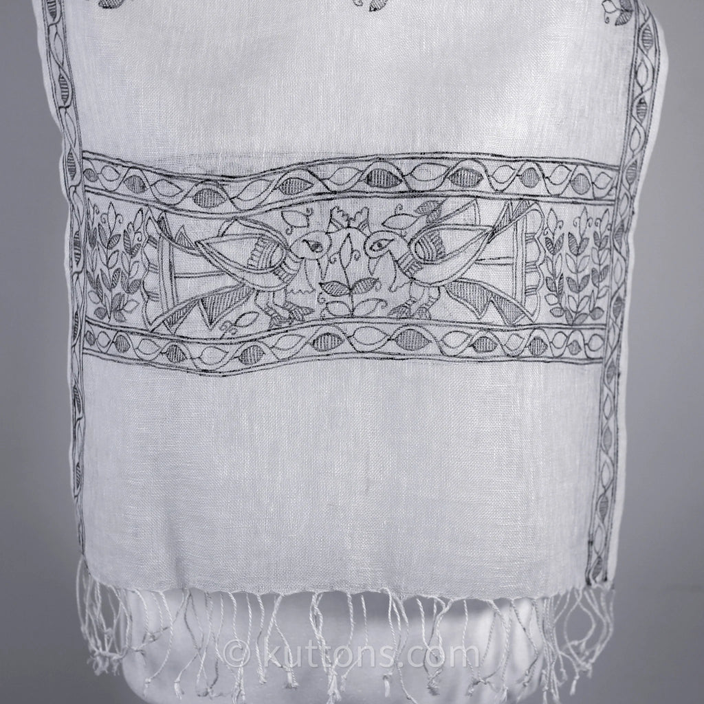 Ethnic Hand Painted Madhubani Scarf Linen Wrap White Black Peacock Motifs 20x80