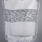 Ethnic Hand Painted Madhubani Scarf Linen Wrap White Black Peacock Motifs 20x80