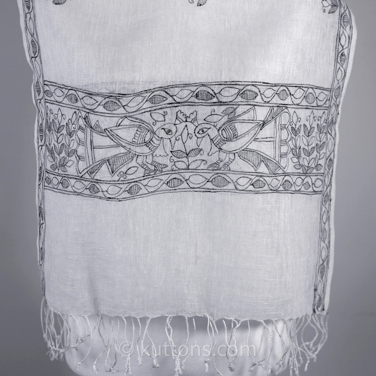 Ethnic Hand Painted Madhubani Scarf Linen Wrap White Black Peacock Motifs 20x80