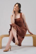Structured Linen Midi Dress Square Neck Sculpted Waist