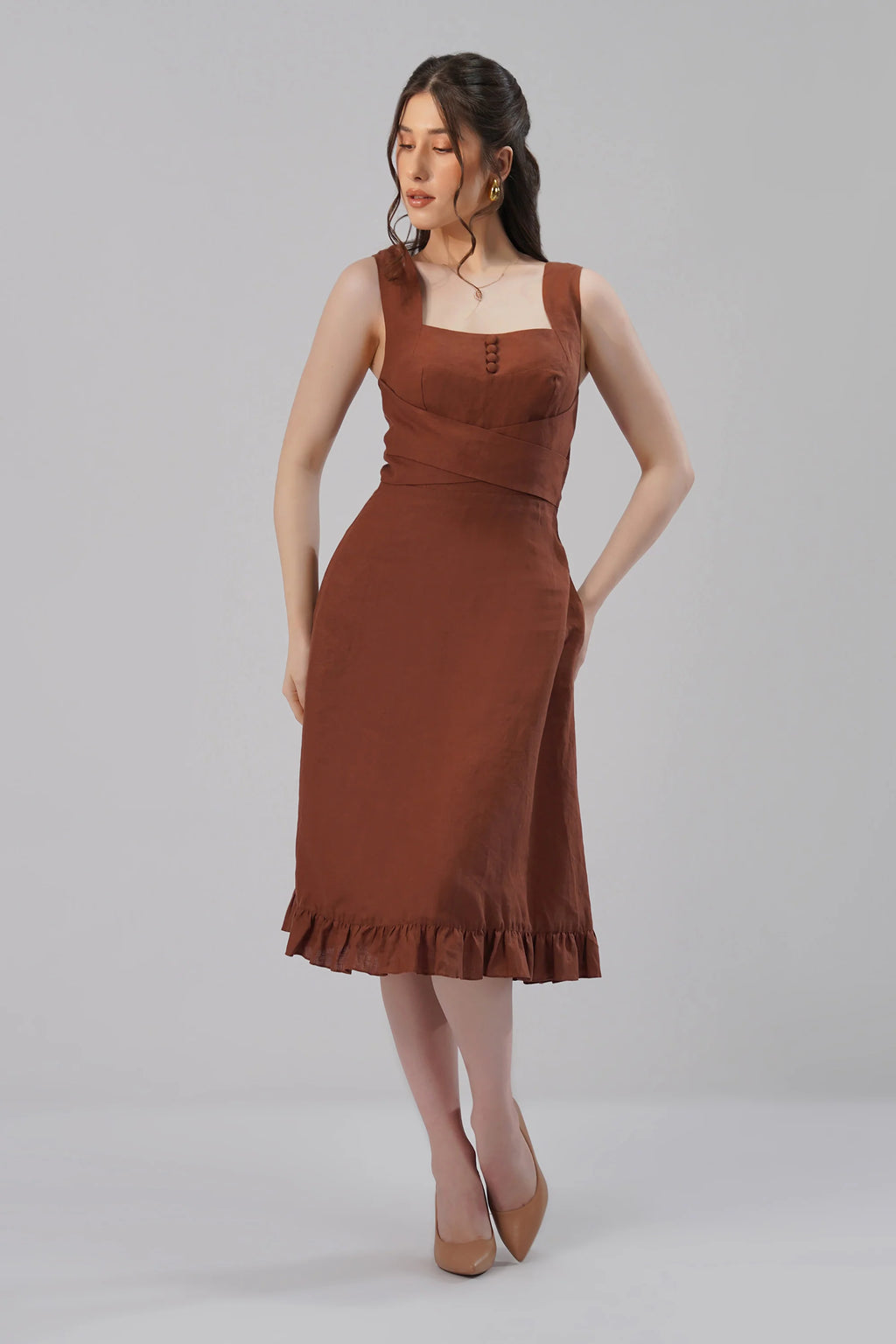 Structured Linen Midi Dress Square Neck Sculpted Waist