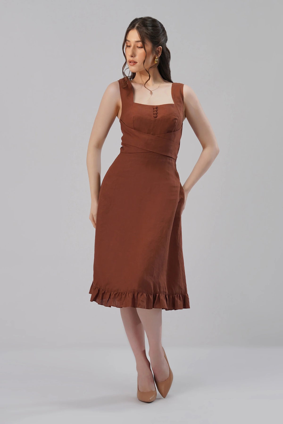 Structured Linen Midi Dress Square Neck Sculpted Waist