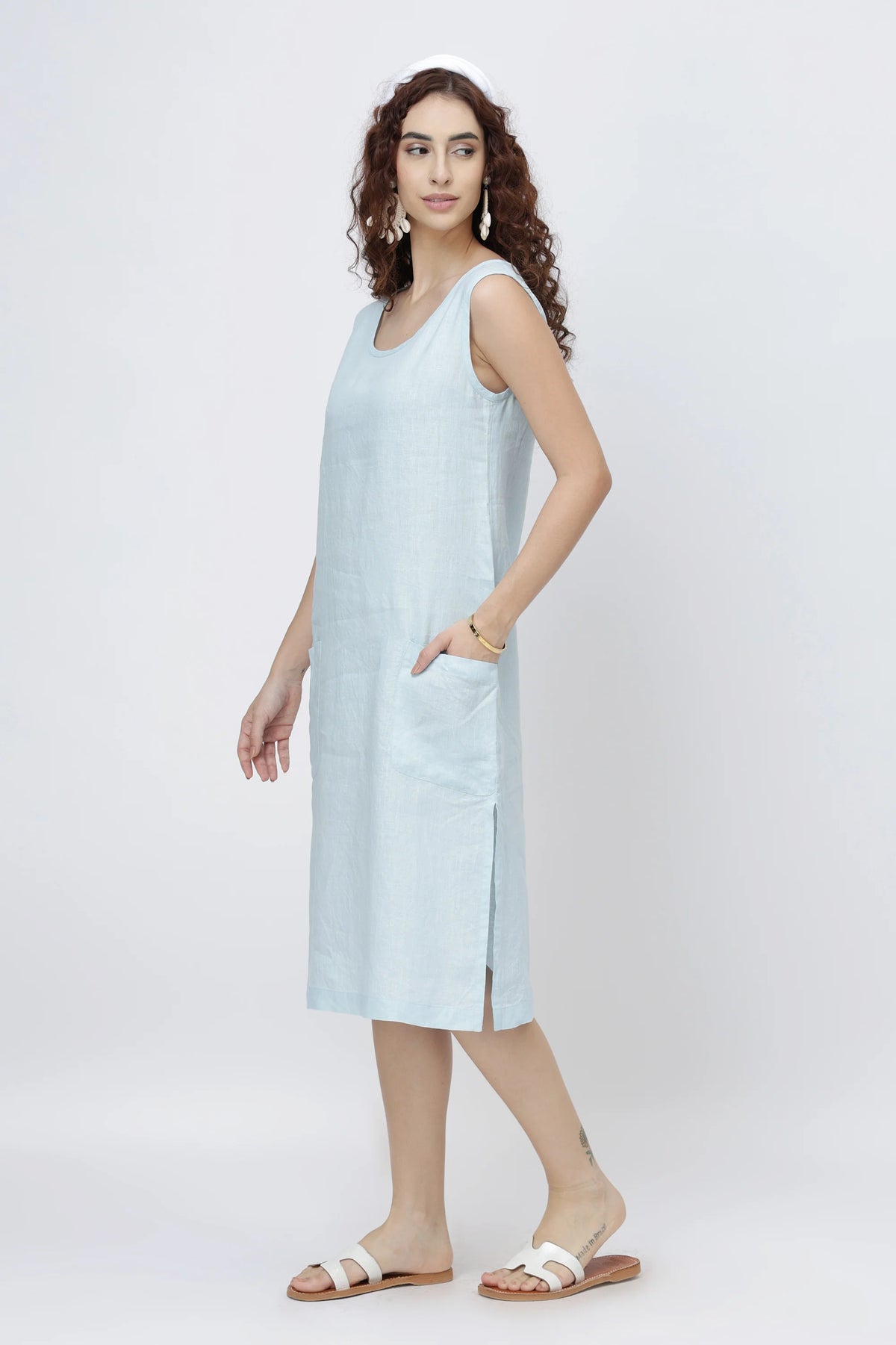 Sleeveless Linen Shift Dress European Linen Midi Dress with Pockets
