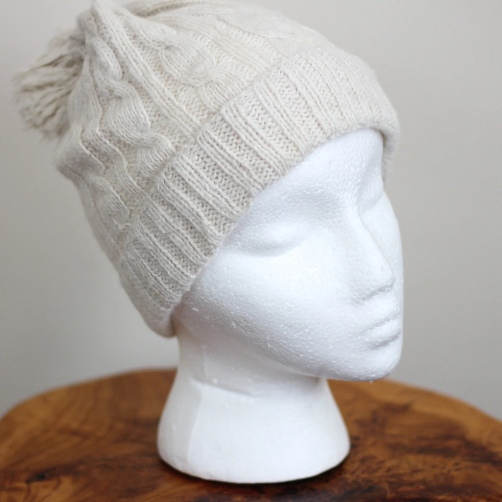 Cashmere Cable Hat with Pom Pom 100 Pashmina Cashmere from Ladakh Himalayas Cream