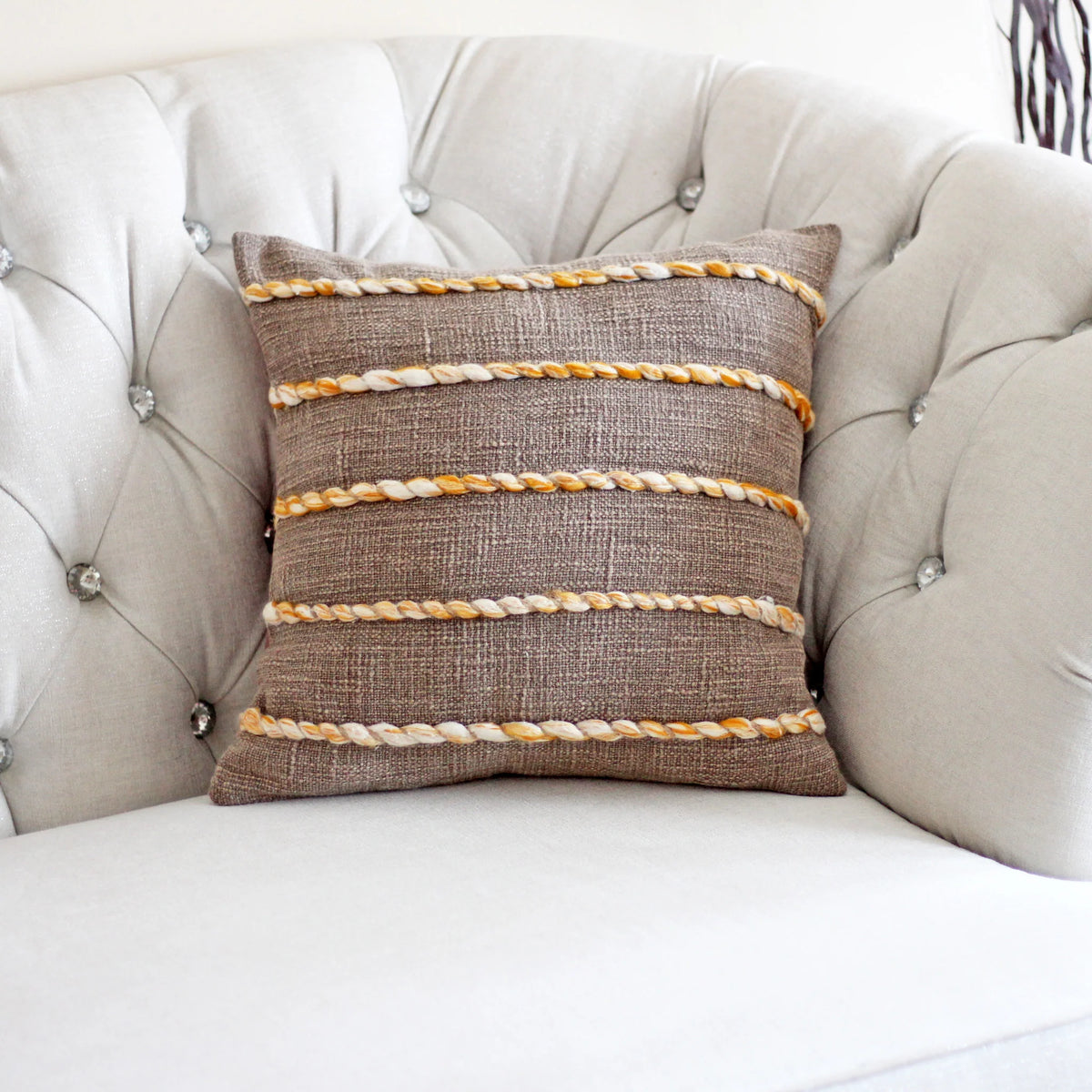 Sunburn Braids Jute Cotton Cushion Cover Handmade Decorative Pillow Brown 16 Square