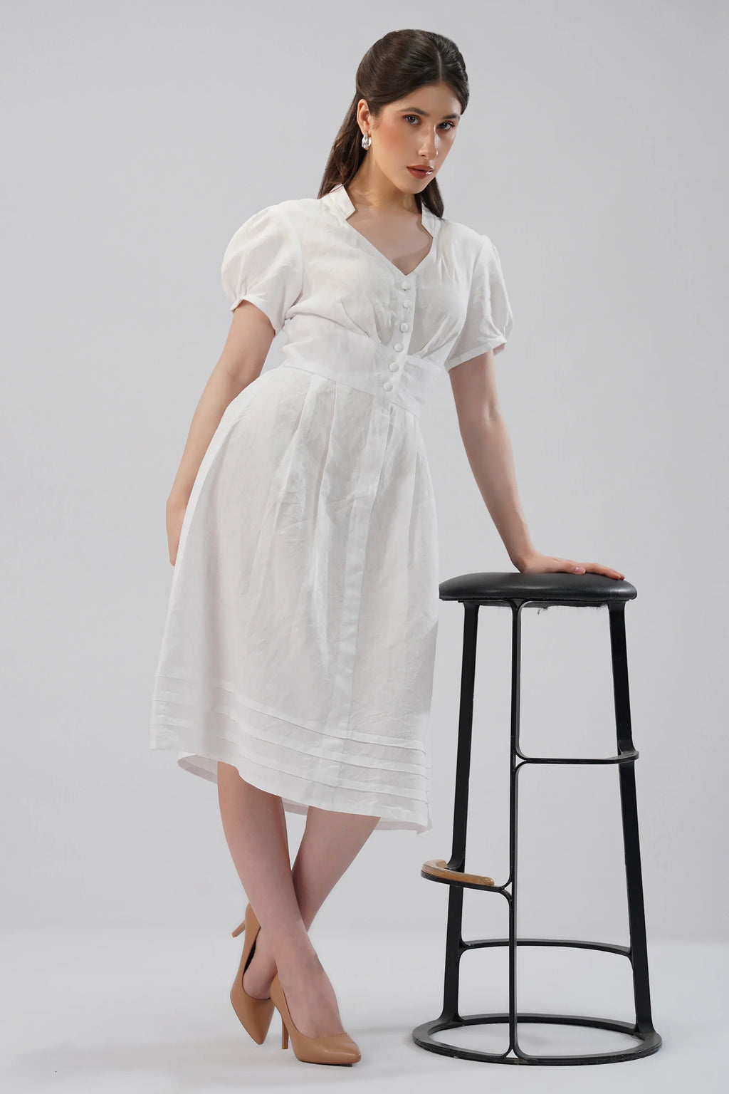 Puff Sleeve Linen Midi Dress with V Neck Button Front