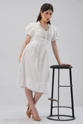 Puff Sleeve Linen Midi Dress with V Neck Button Front