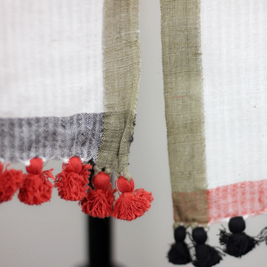 Naturally Dyed Hand Spun Hand Woven Organic Cotton Scarf Wrap White Red Gray 26x76