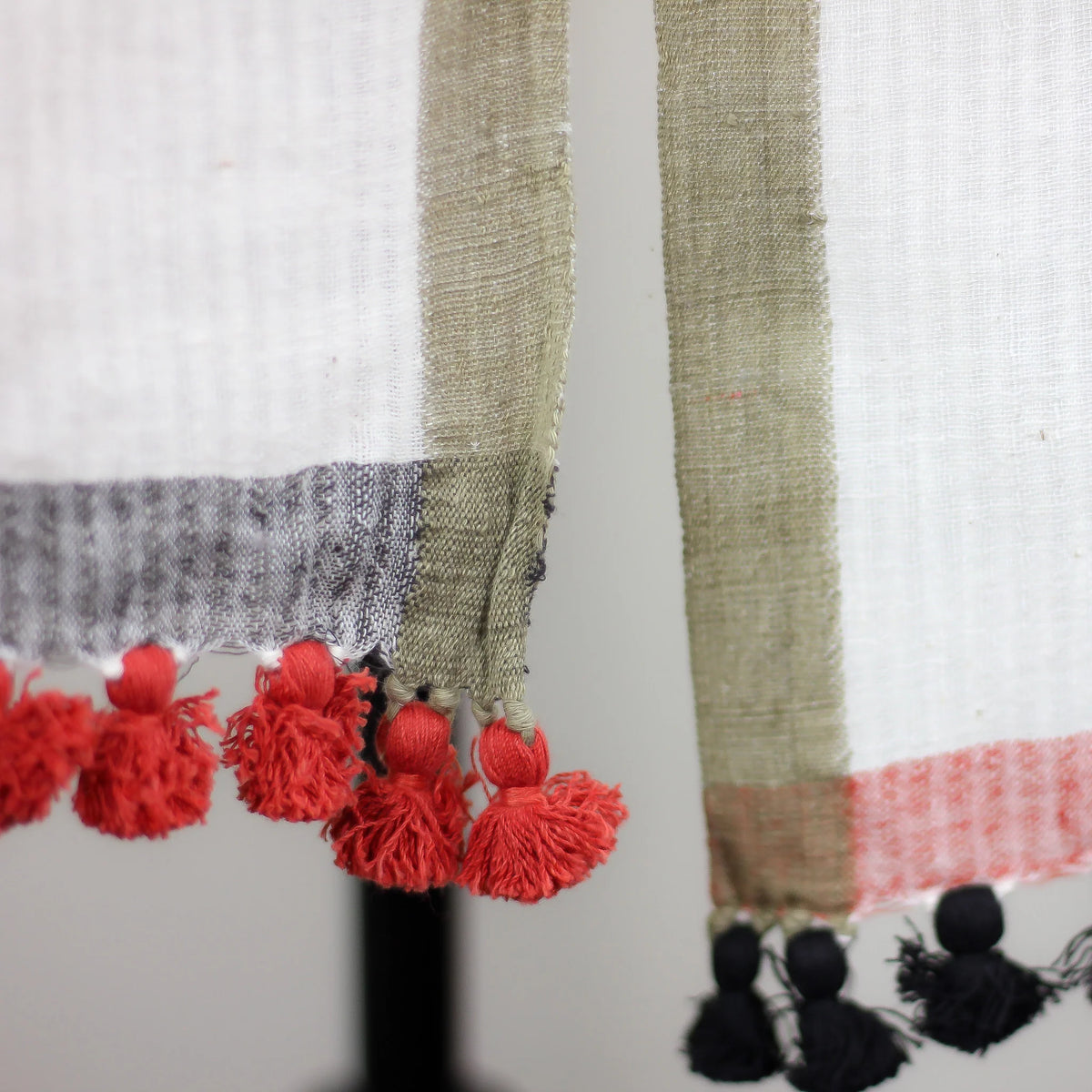 Naturally Dyed Hand Spun Hand Woven Organic Cotton Scarf Wrap White Red Gray 26x76