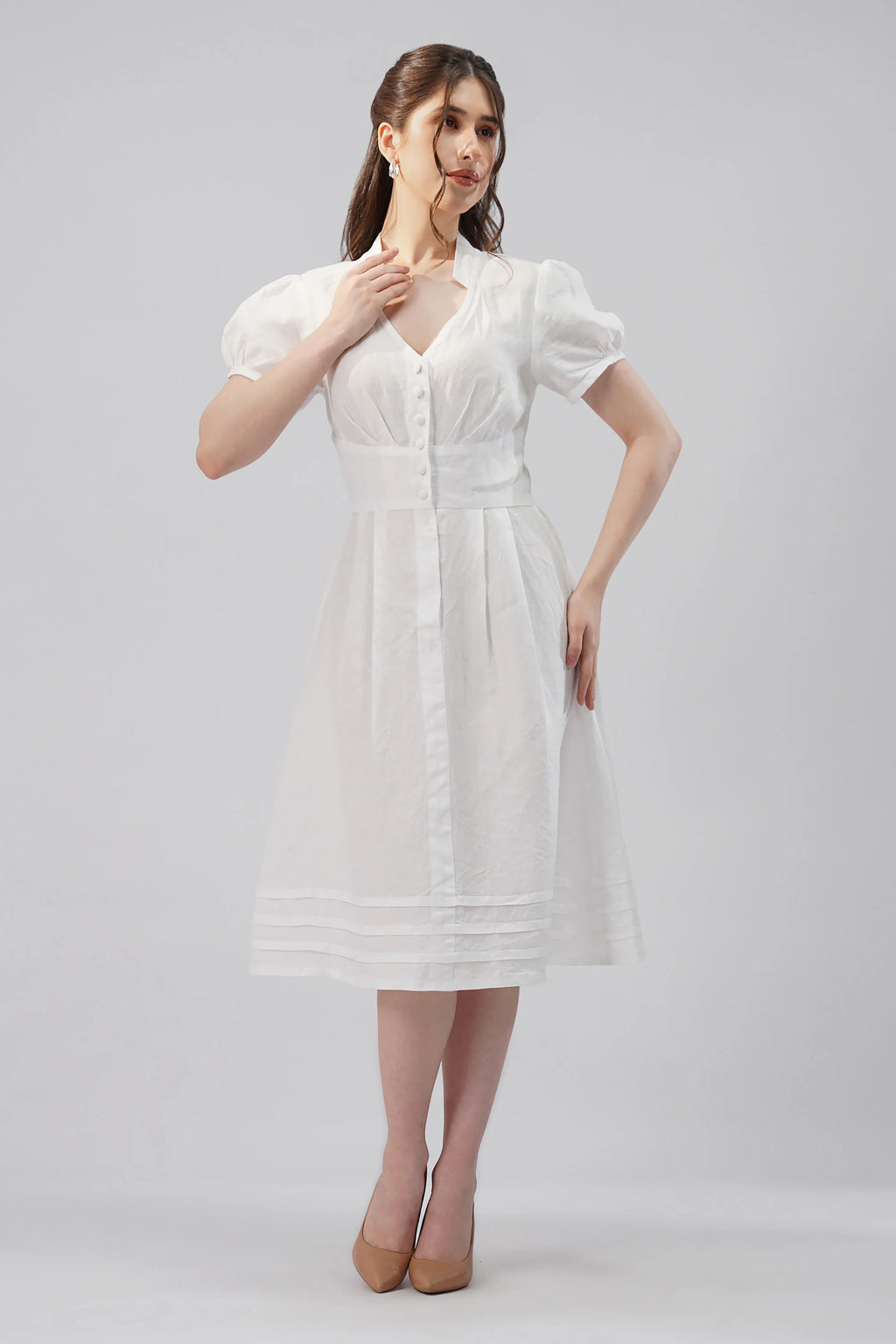 Puff Sleeve Linen Midi Dress with V Neck Button Front