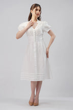 Puff Sleeve Linen Midi Dress with V Neck Button Front