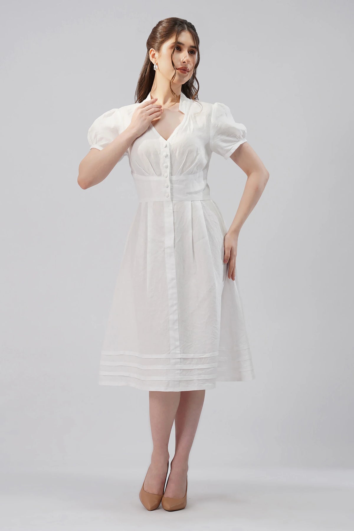 Puff Sleeve Linen Midi Dress with V Neck Button Front