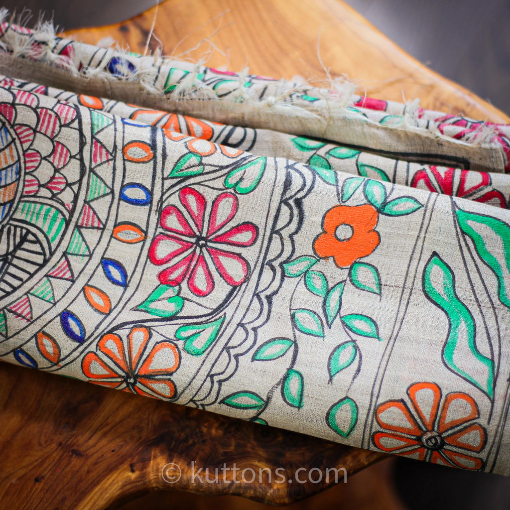 Ethnic Hand Painted Madhubani Stole Khincha Silk Handloom Wrap Golden 22x80