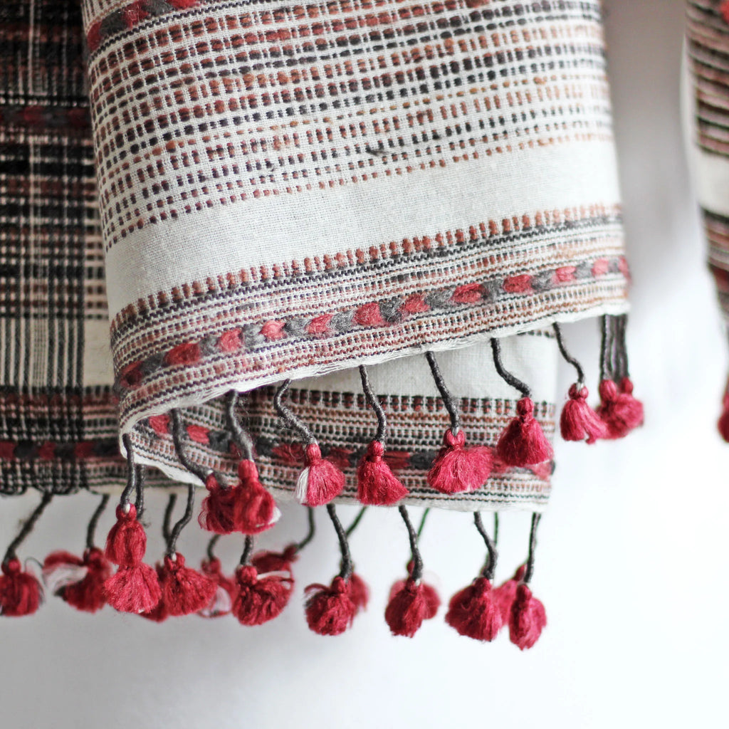 Naturally Dyed Silk Cotton Wrap with Tassels Handwoven from Cotton Eri Silk Tussar Silk White Red Stole 23x70