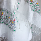 Hand Painted Linen Wrap with Tassels Tribal Madhubani Motifs White Green Leaves 20x80