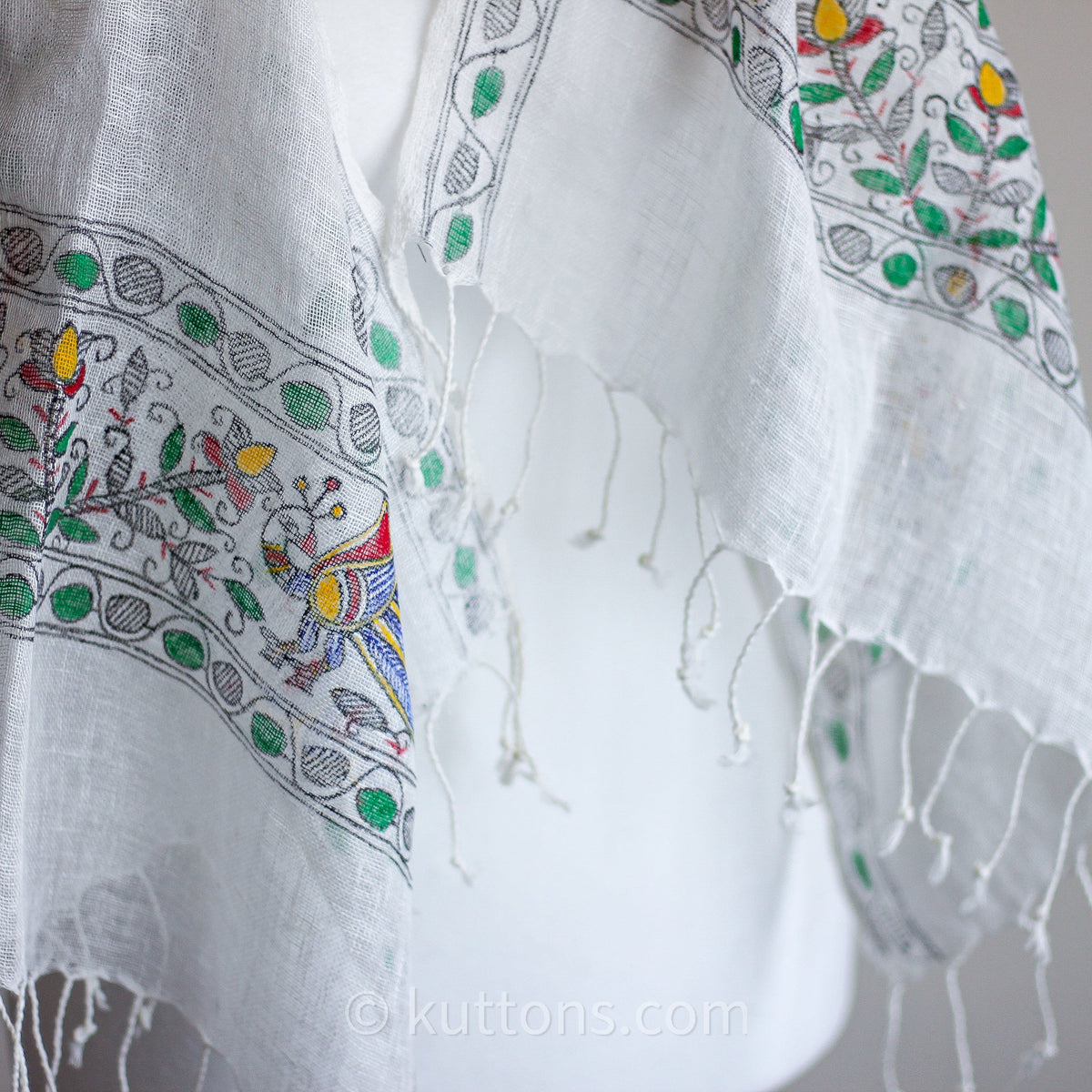 Hand Painted Linen Wrap with Tassels Tribal Madhubani Motifs White Green Leaves 20x80