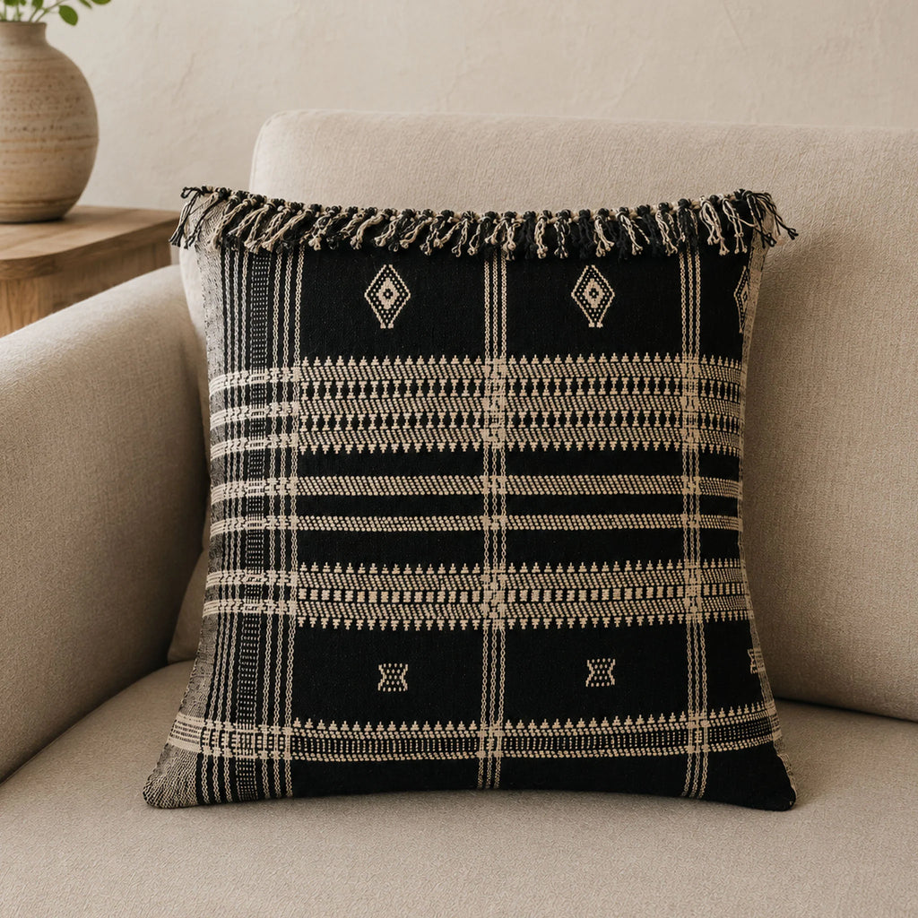 Bhujodi 100 Wool Organic Cotton Pillow Cover Rustic Handwoven Cushion with Tassels Dark Gray Pair