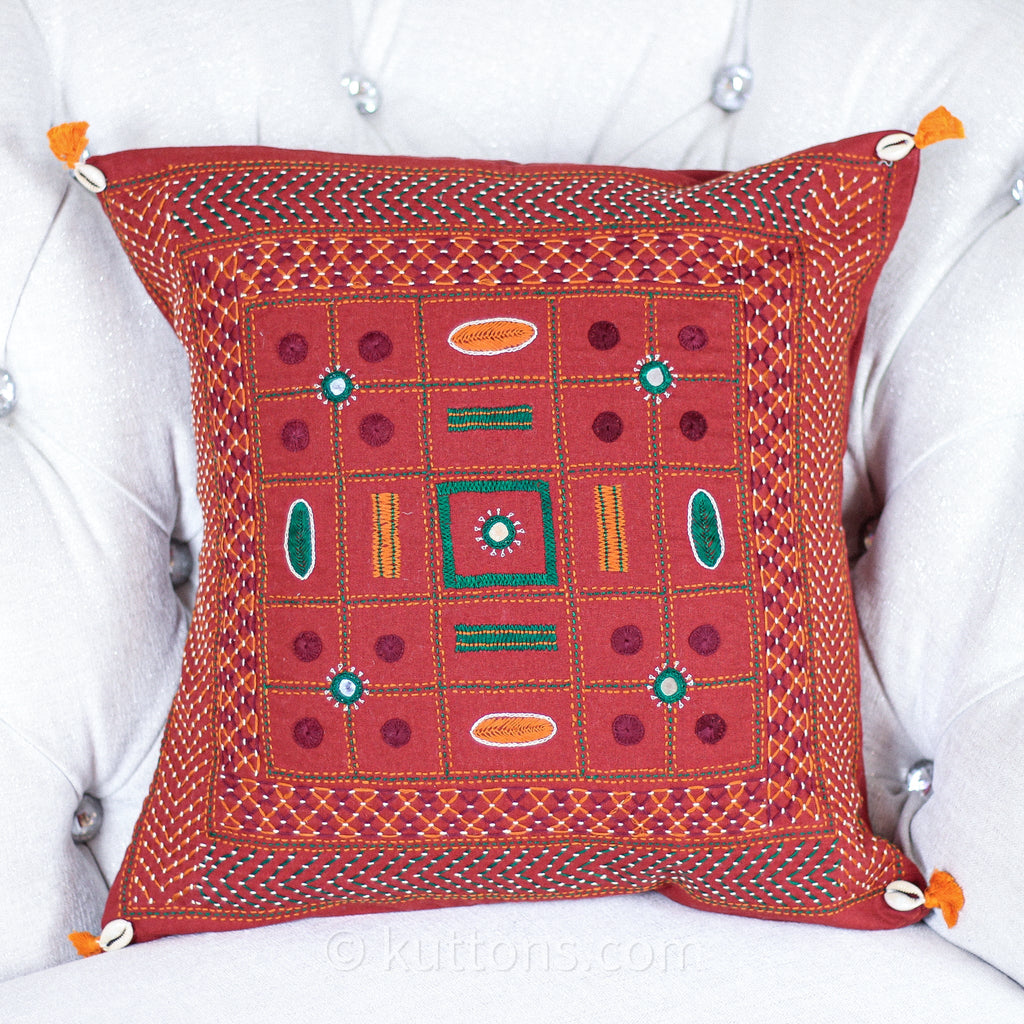 Tribal Lambani Hand Embroidered Cushion Cover With Kodi Sea Shell Tassels Banjara Decorative Throw Pillow Carmine 16x16