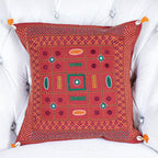 Tribal Lambani Hand Embroidered Cushion Cover With Kodi Sea Shell Tassels Banjara Decorative Throw Pillow Carmine 16x16
